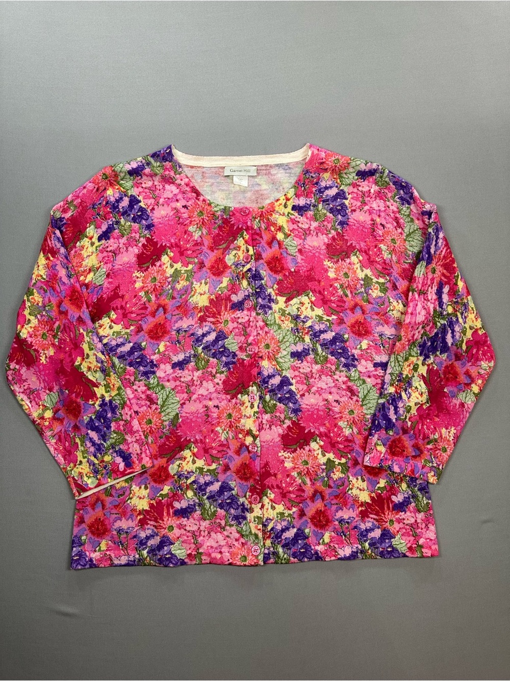 Garnet Hill 100% Merino Wool Lightweight Floral Cardigan Sweater - Womens Large
